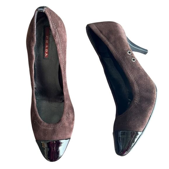 Prada Women’s Vintage Round Toe Brown Suede Black Patent Leather Pump Heels 38.5